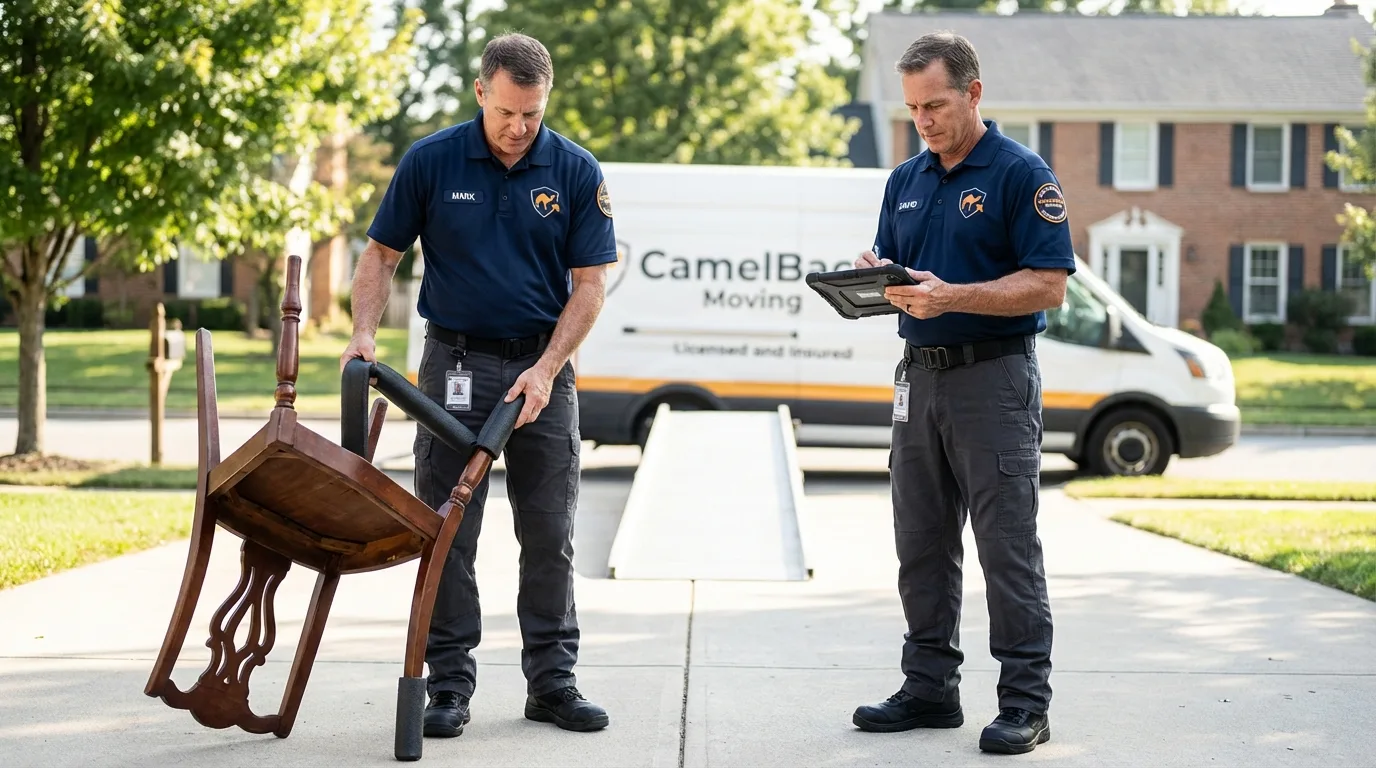 Movers inspecting furniture for damage prevention before loading in Holley, NY
